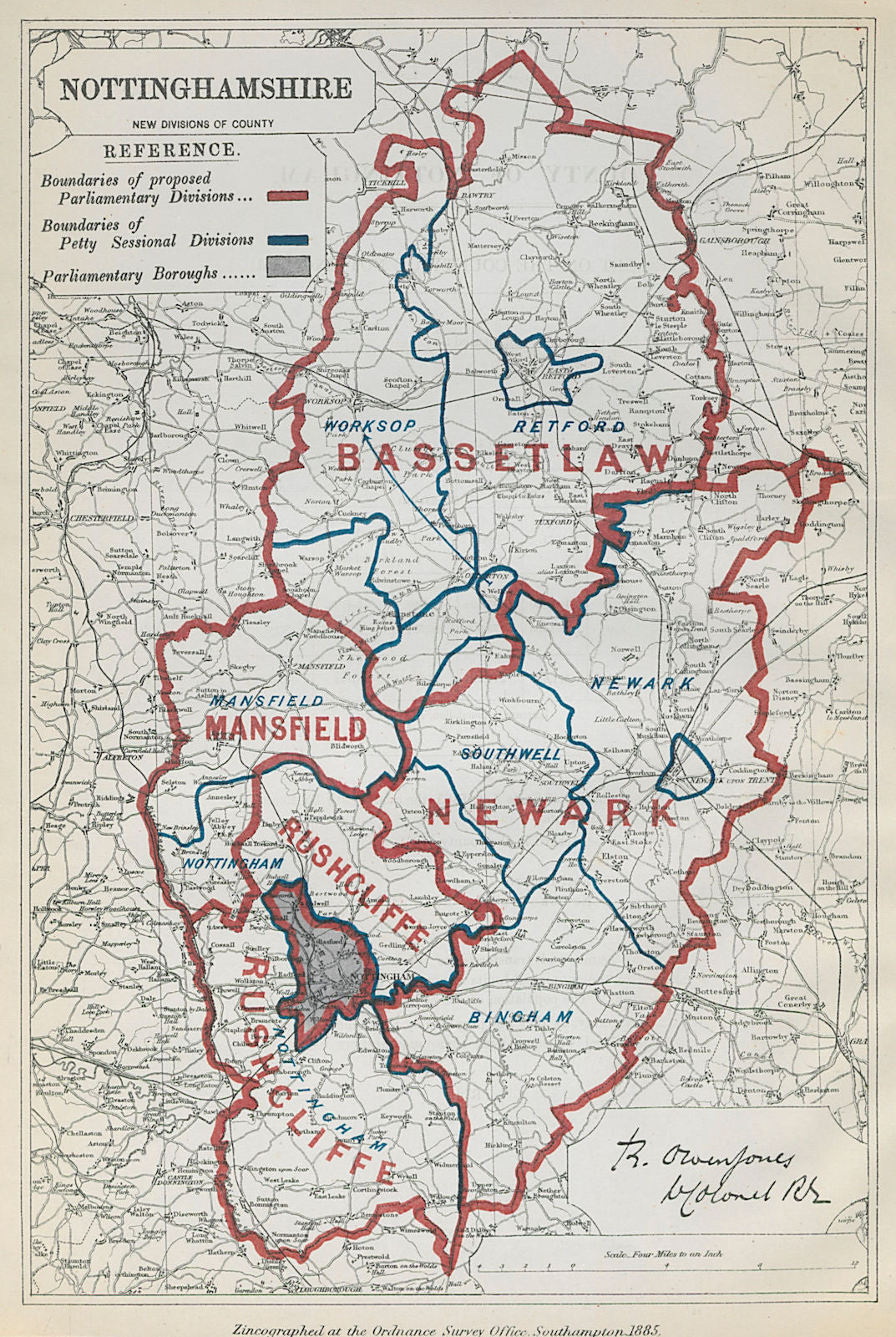 Nottinghamshire Parliamentary Divisions. Mansfield. BOUNDARY COMMISSION 1885 map
